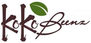 Kokobeenz logo in brown color with a white background