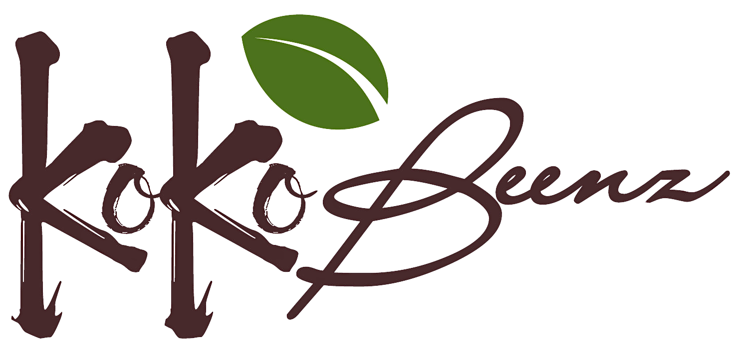 Kokobeenz logo in brown color with a white background